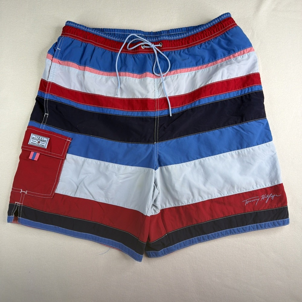 Tommy Hilfiger Swim Trunks Men's Large Red Blue Stripe Mesh Lined Shorts